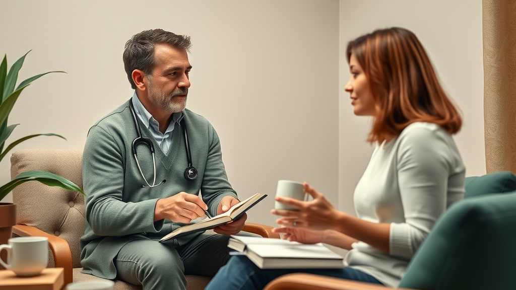 Veterinarian actively listening to worried client, demonstrating empathetic client communication in a consultation room