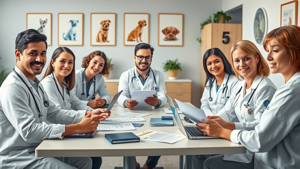 Veterinary team collaborating on client communication strategy in a meeting room, discussing tools and technology