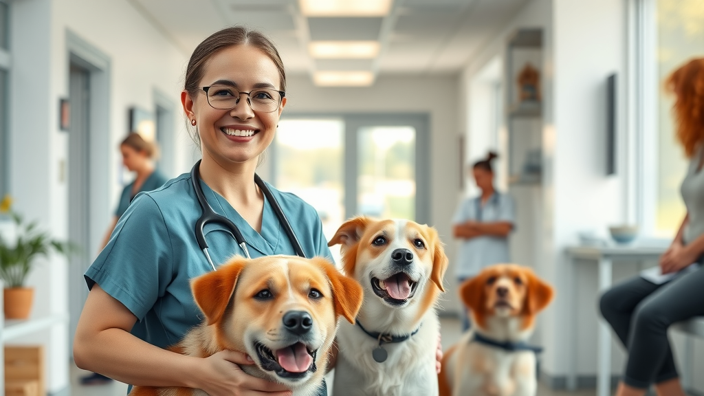 Veterinary clinic reception with friendly nurse greeting pet owners and their dogs. Client education for vets in action in a modern, bright environment.