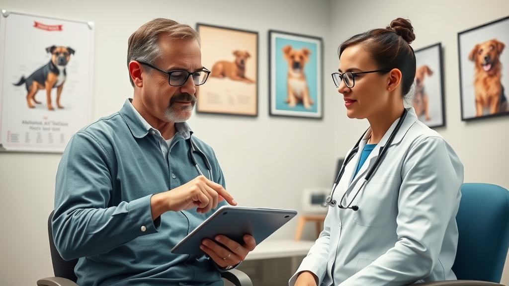 Confident veterinarian consulting pet owner, showing educational materials on a digital tablet. Veterinary client education in action.