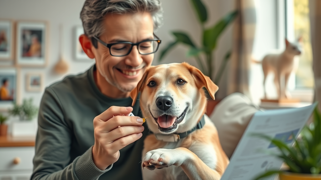 Happy pet owner giving medication to a calm dog at home, with veterinary handout visible. Example of improved pet care compliance through client education for vets.