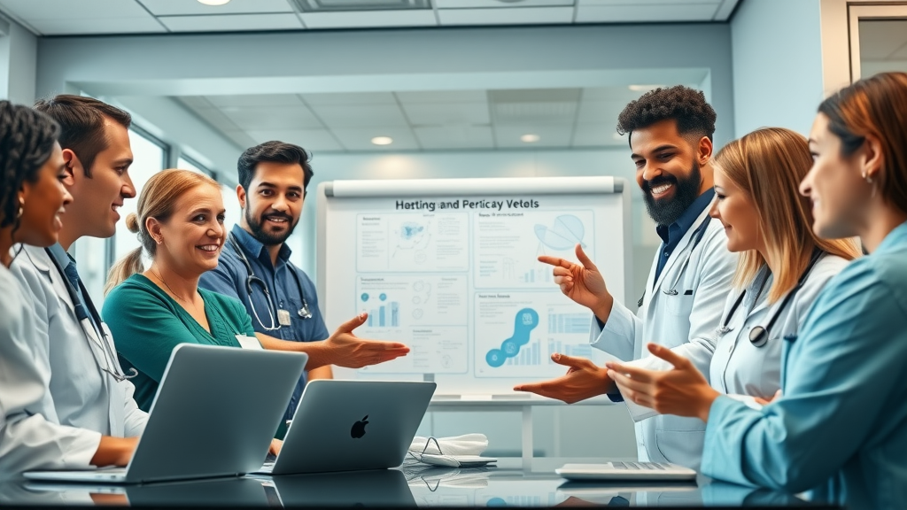 Diverse veterinary team collaborating using digital education materials in a modern clinic. Client education for vets relies on empowered team members.