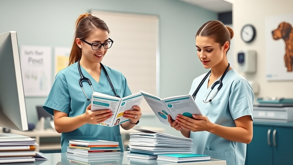 Veterinary staff organizing booklets and handouts in a clinic, demonstrating digital and print tools for client education for vets.