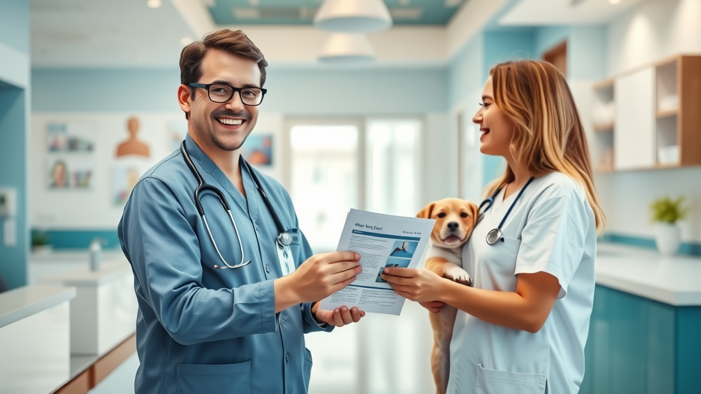 veterinary client compliance - veterinarian giving aftercare handout to pet owner in a bright, modern clinic