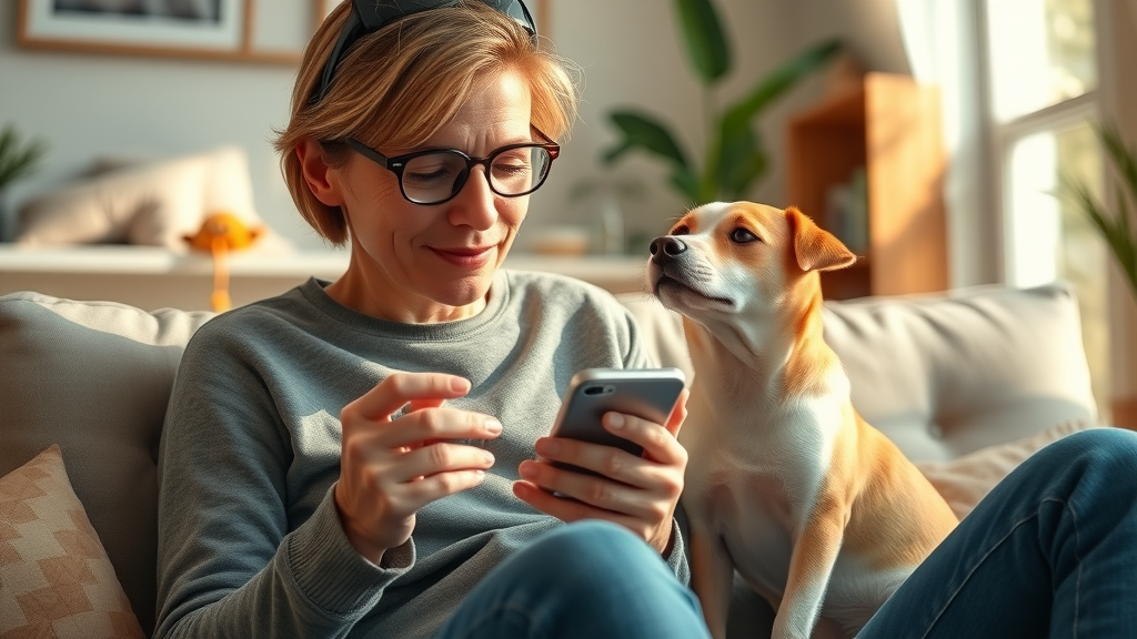 owner compliance - pet owner reviewing veterinary digital reminder with pet beside at home