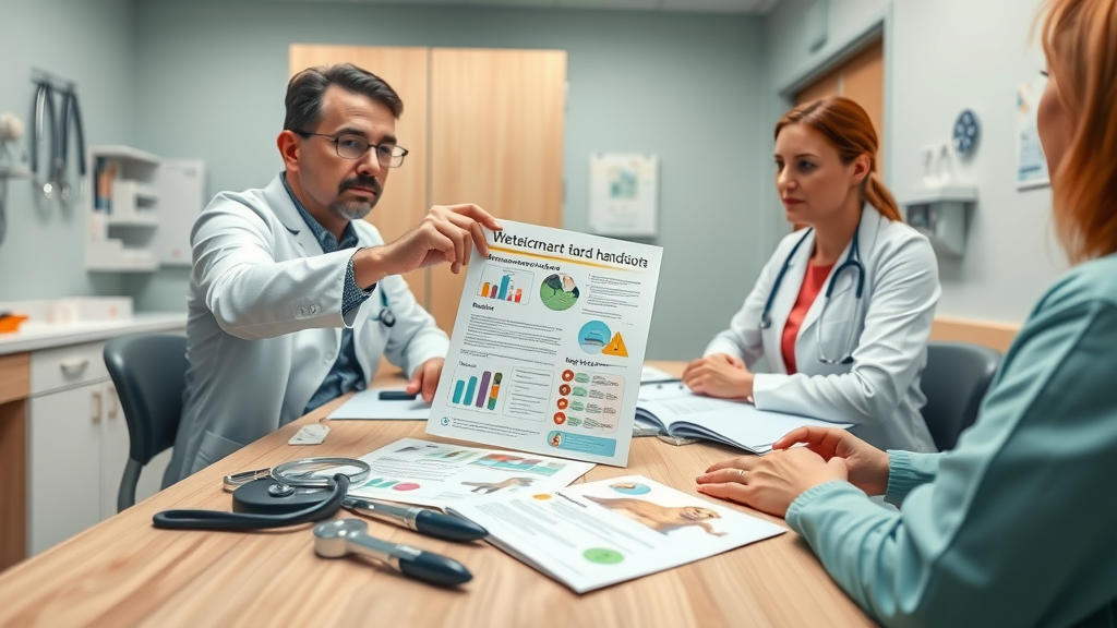 client compliance - colorful veterinary handouts in exam room, veterinarian pointing them out to pet owner