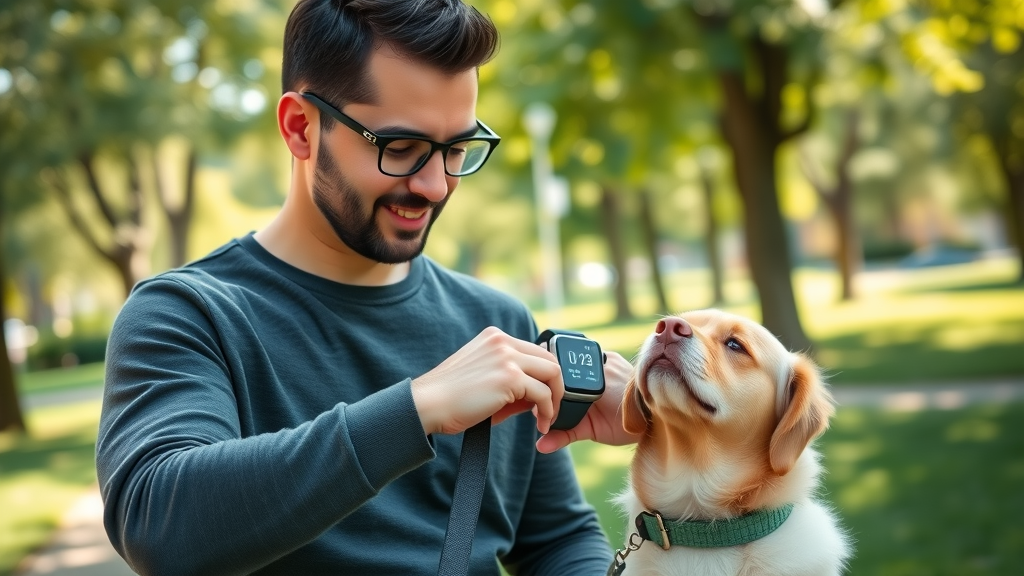 owner compliance - pet owner receives veterinary appointment reminder on smartwatch while walking dog in park