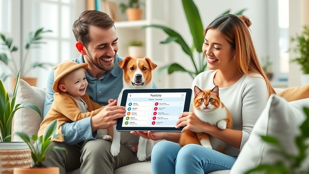 veterinary client compliance - happy family with pets viewing veterinary digital reminders at home